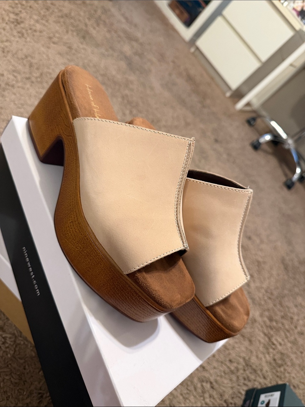 House of Harlow 1960 Cream Platform Mule Sandals with Brown Wood-Look Heel
